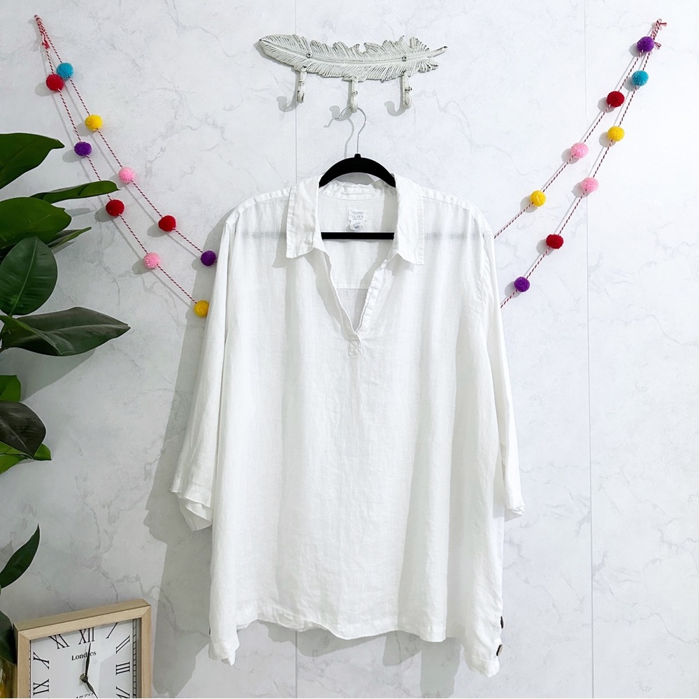 Sigrid Olsen 3X White 100% Linen 3/4 Sleeve Blouse Top